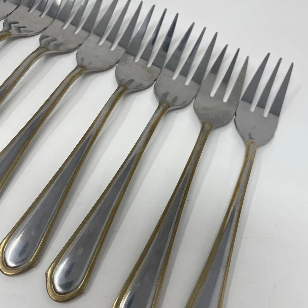 Set of 12 Hampton Silversmiths HSV198 Stainless Cocktail Seafood Forks Gold Trim